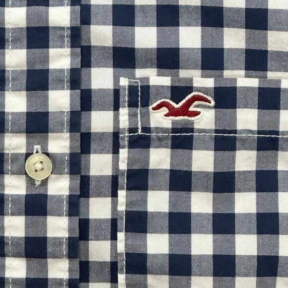 Hollister Navy Blue White Check Long Sleeve Preppy Button Down Shirt Size M - Picture 3 of 10
